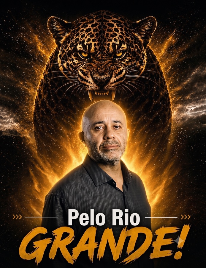 Professor Orlando ao lado de uma onça, sob a frase Pelo Rio Grande!
